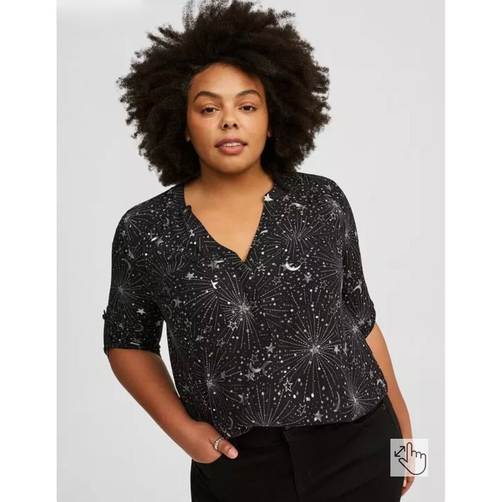 Torrid Women's 3X Harper Georgette 3/4 Sleeve Blouse Star Clusters Print Black